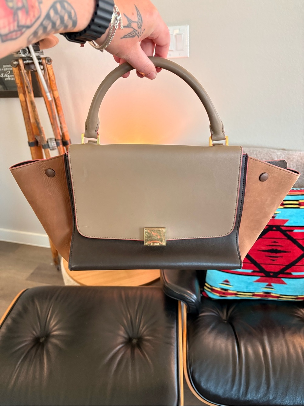 CELINE Trapeze handbag tote in Taupe and Brown - Pre-Loved Great condition w/COA
